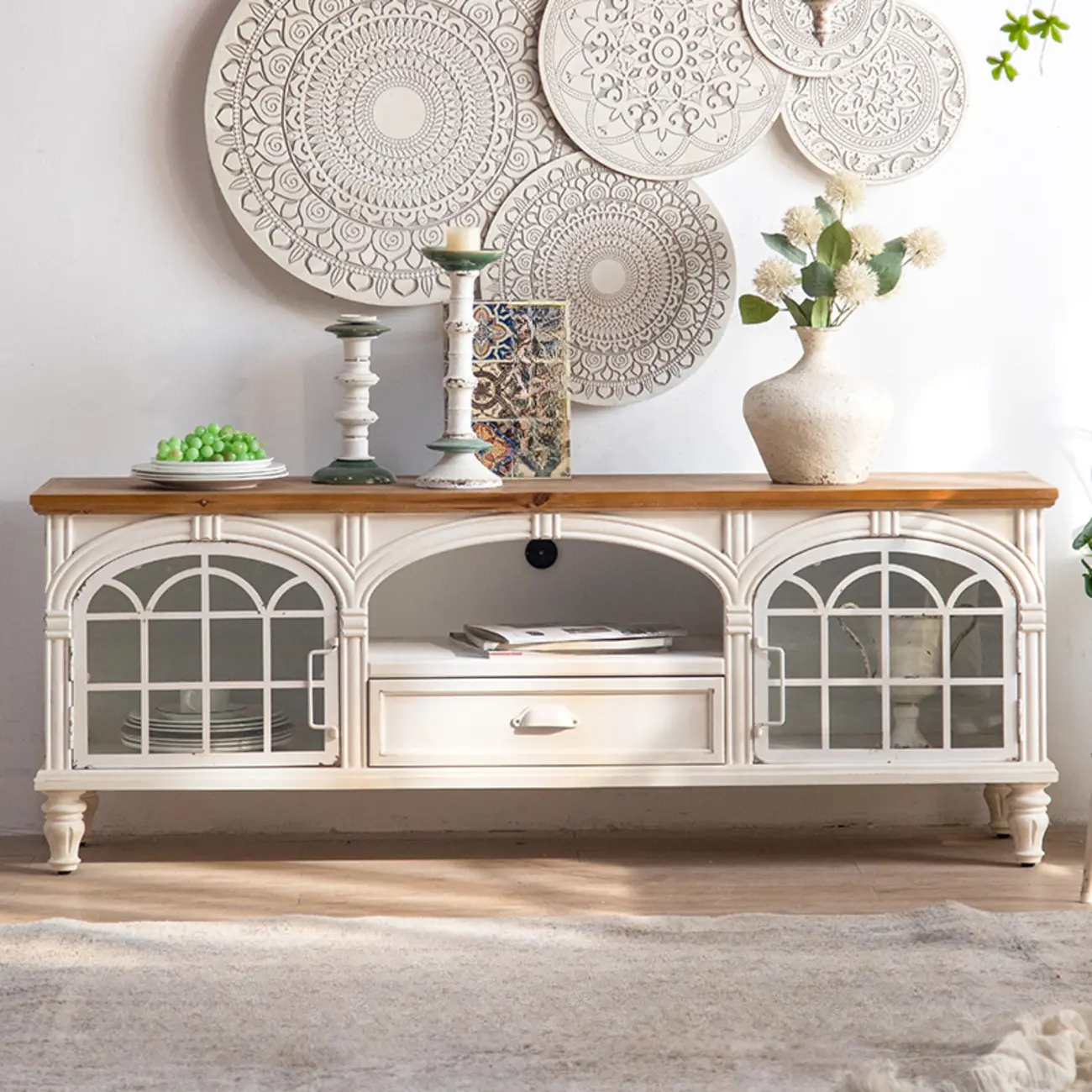 French Country Arch Storage Cabinet for Living Room Display Image - 5 | homeyfad