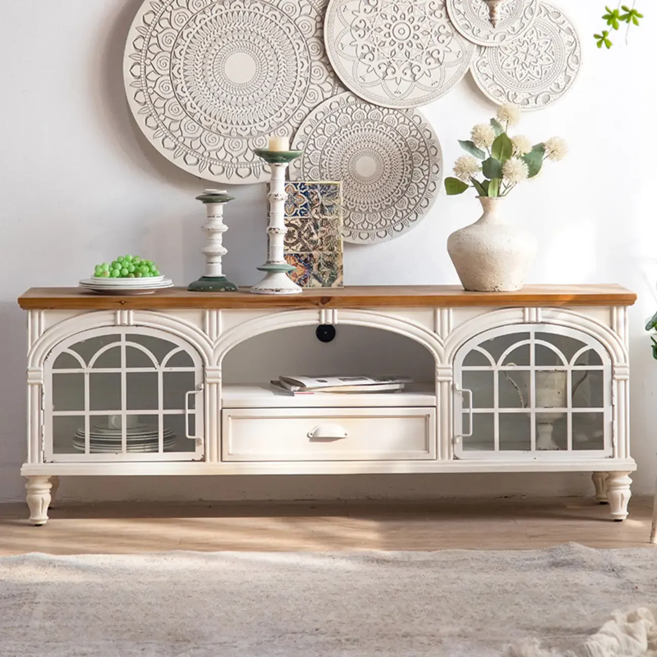 French Country Arch Storage Cabinet for Living Room Display Image - 5