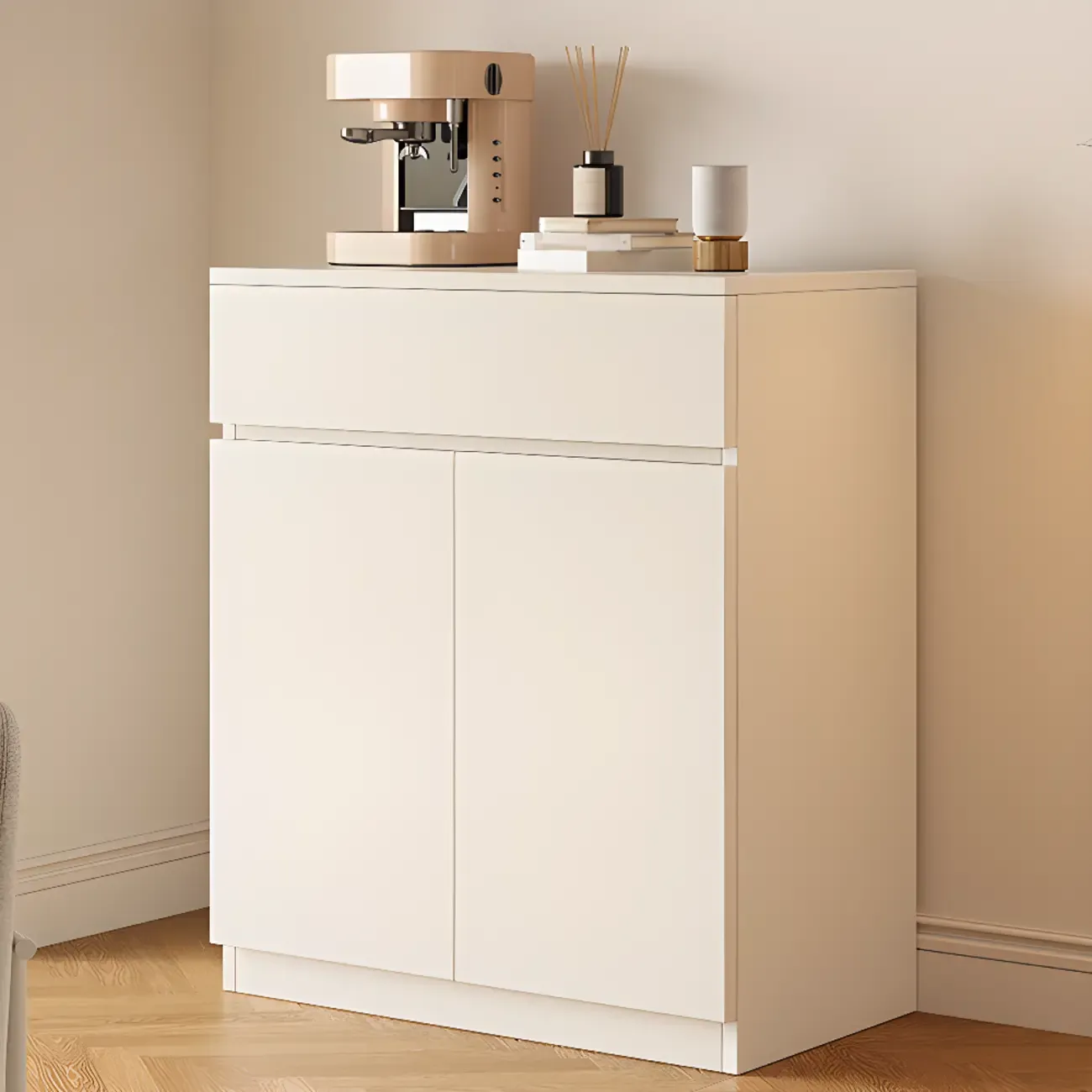 White Wooden Credenza with Drawers and Cabinets Image - 7