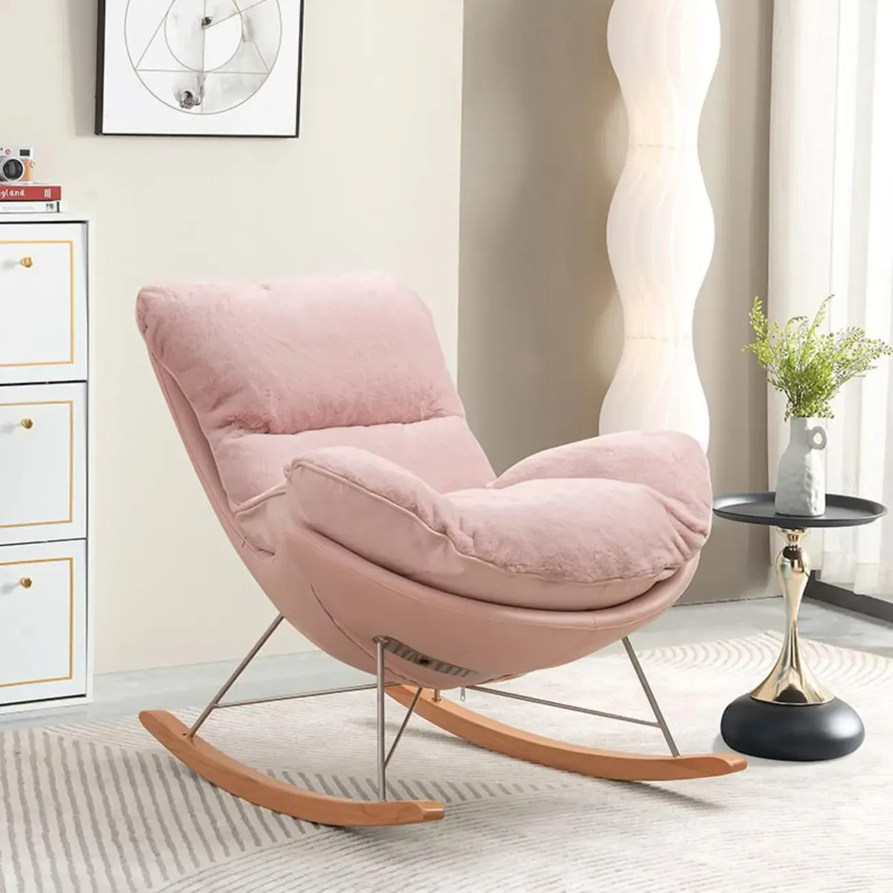 Modern Flannel Upholstered Armless Rocking Chair with Ottoman Image - 4