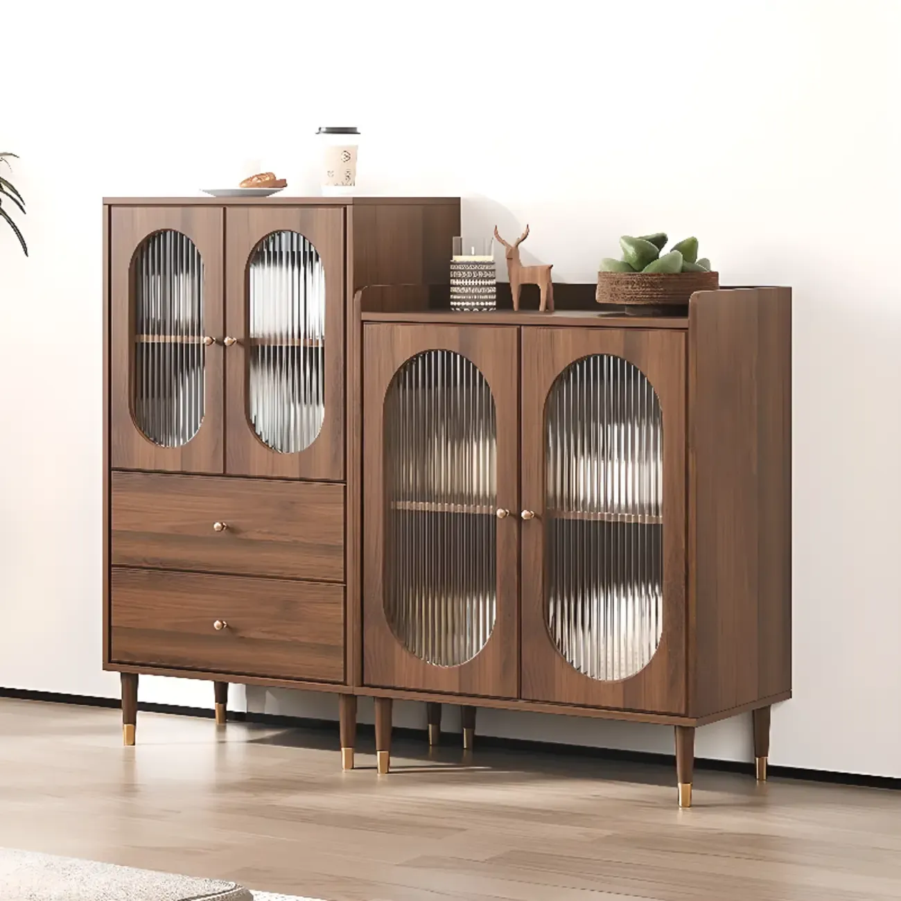 Retro Wooden Living Room Cabinet with Glass Door & Drawers Image - 1