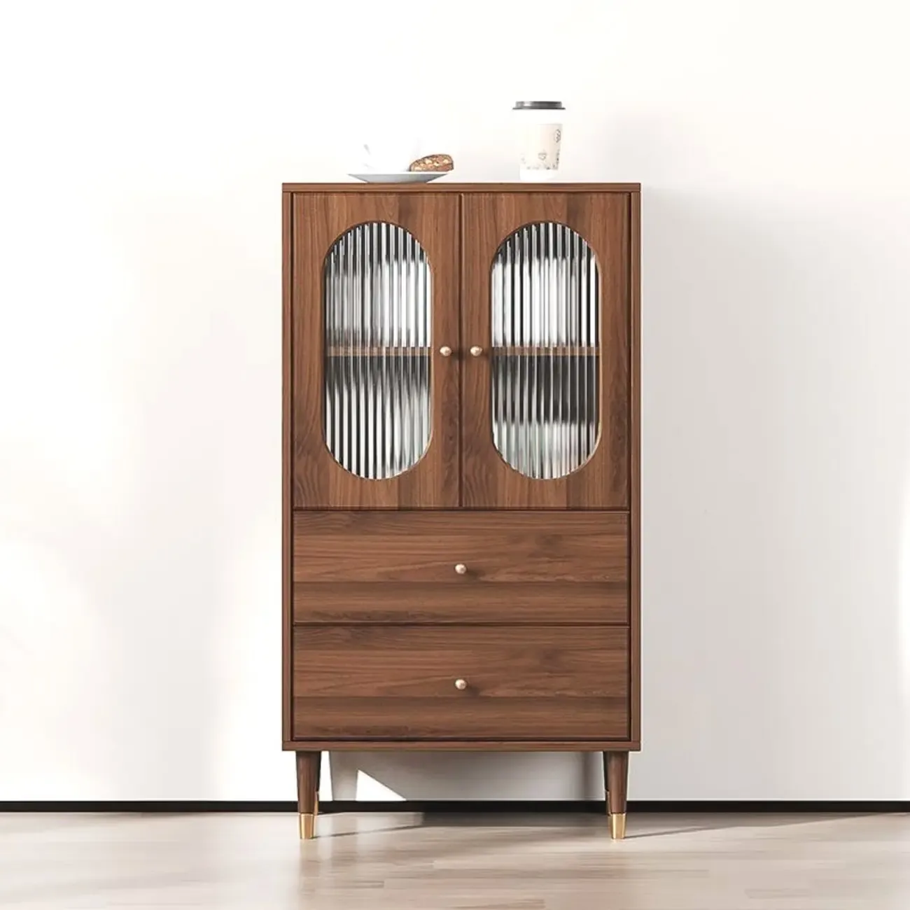 Retro Wooden Living Room Cabinet with Glass Door & Drawers Image - 3