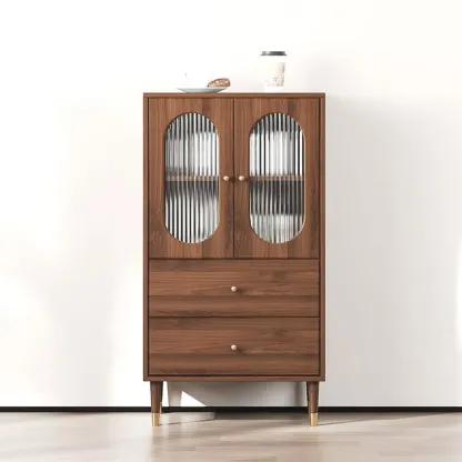 Retro Wooden Living Room Cabinet with Glass Door & Drawers Image - 3