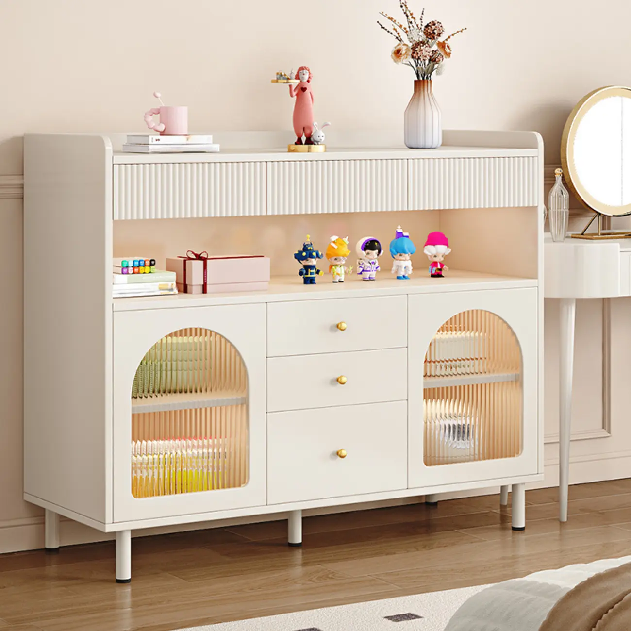 Modern White Accent Cabinet with Drawers & Glass Doors  Image - 1 | homeyfad