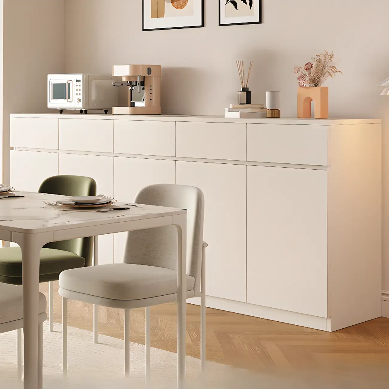 White Wooden Credenza with Drawers and Cabinets Image - 10