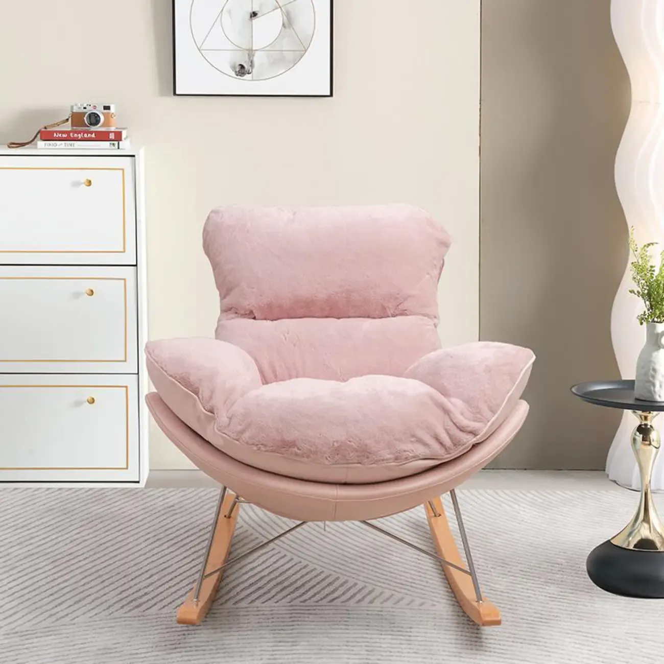 Modern Flannel Upholstered Armless Rocking Chair with Ottoman Image - 6