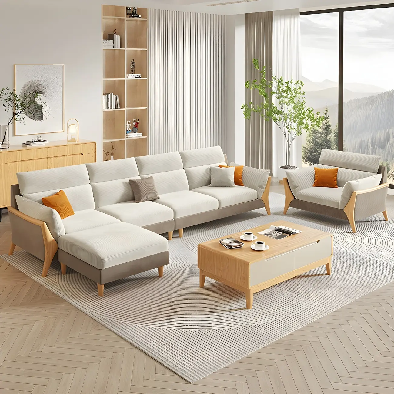 Scandinavian Beige Corduroy Sectional Sofa with Slipcover Image - 1 | homeyfad