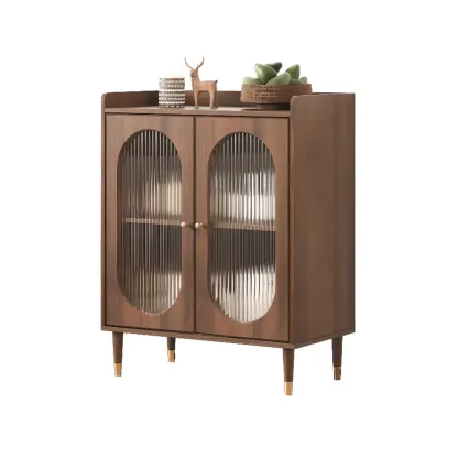 Retro Wooden Living Room Cabinet with Glass Door & Drawers Image - 2