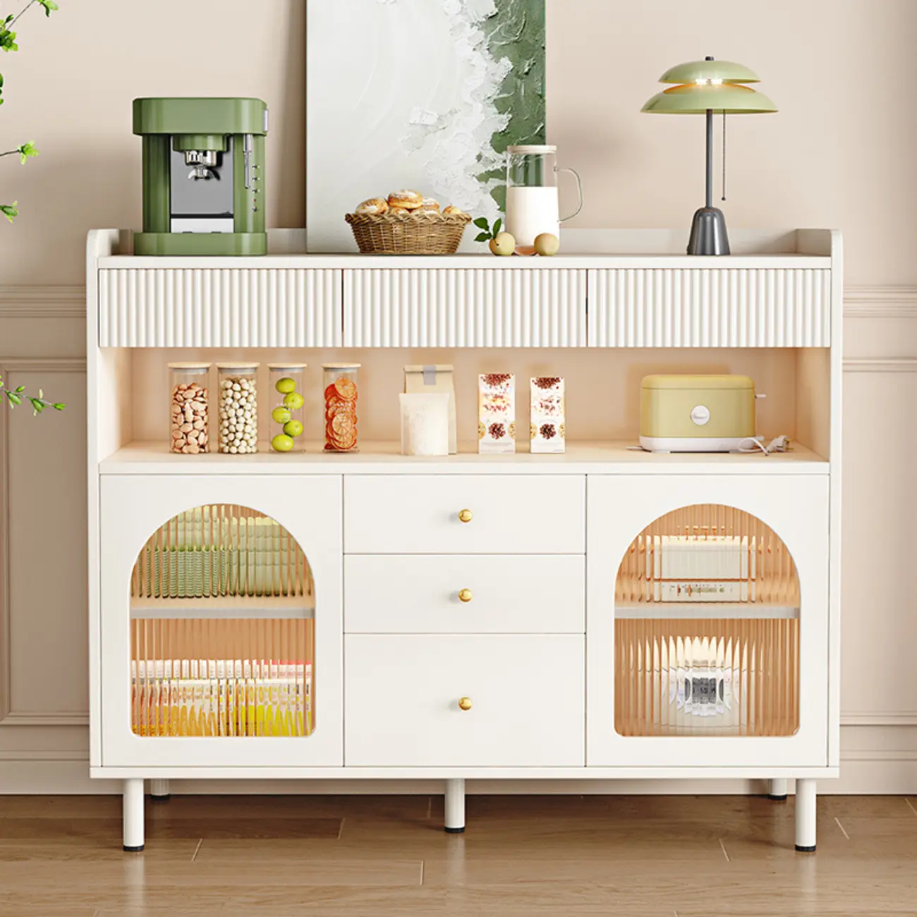 Modern White Accent Cabinet with Drawers & Glass Doors  Image - 2 | homeyfad