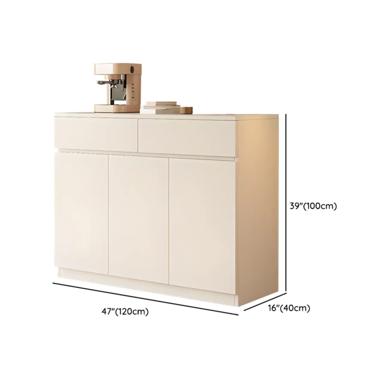 White Wooden Credenza with Drawers and Cabinets #size