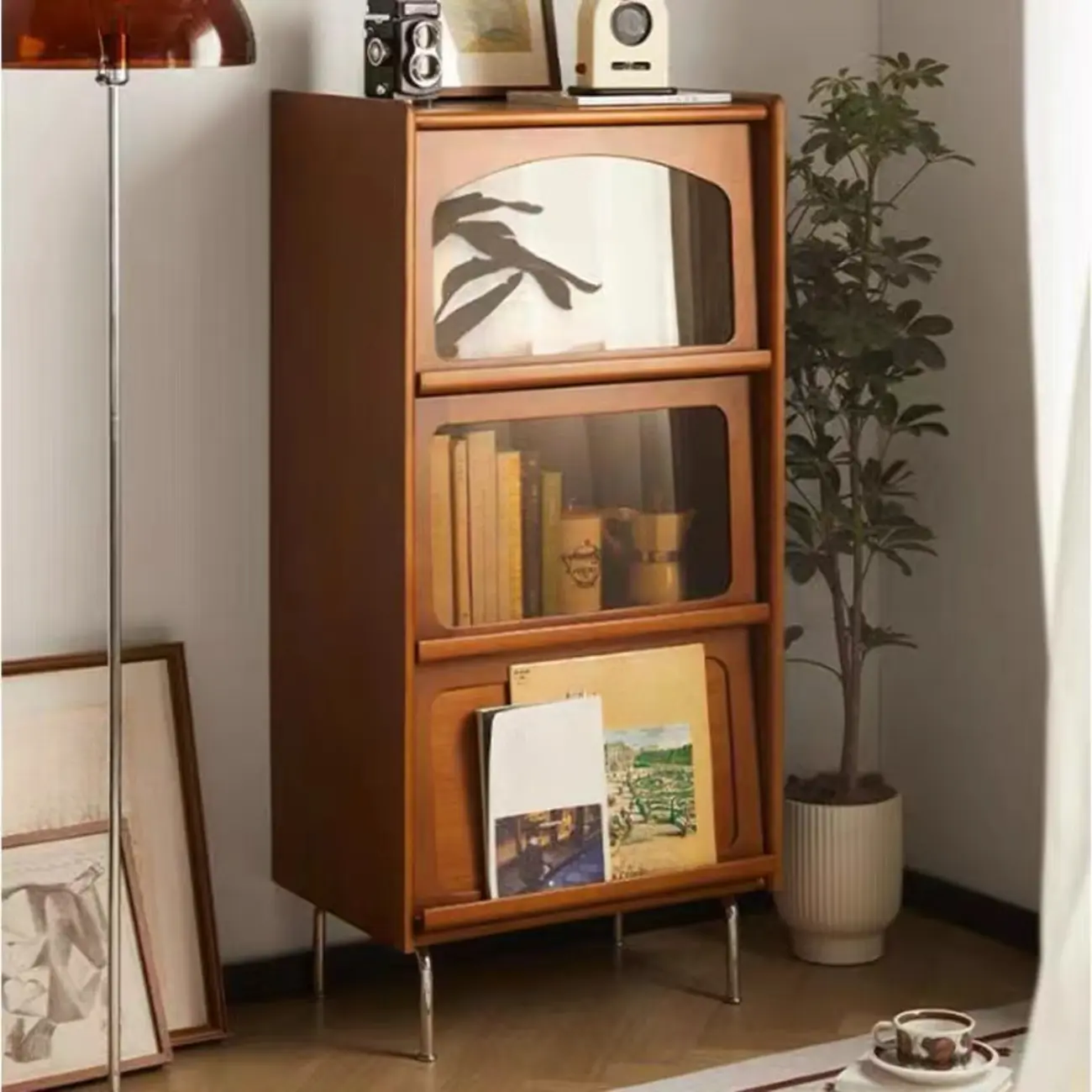 50" Modern Pine Brown Accent Cabinet with Glass Door Image - 2 | homeyfad