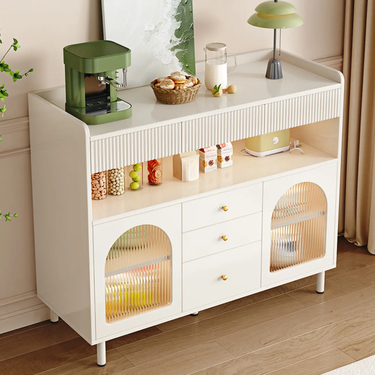 Modern White Accent Cabinet with Drawers & Glass Doors  Image - 3 | homeyfad