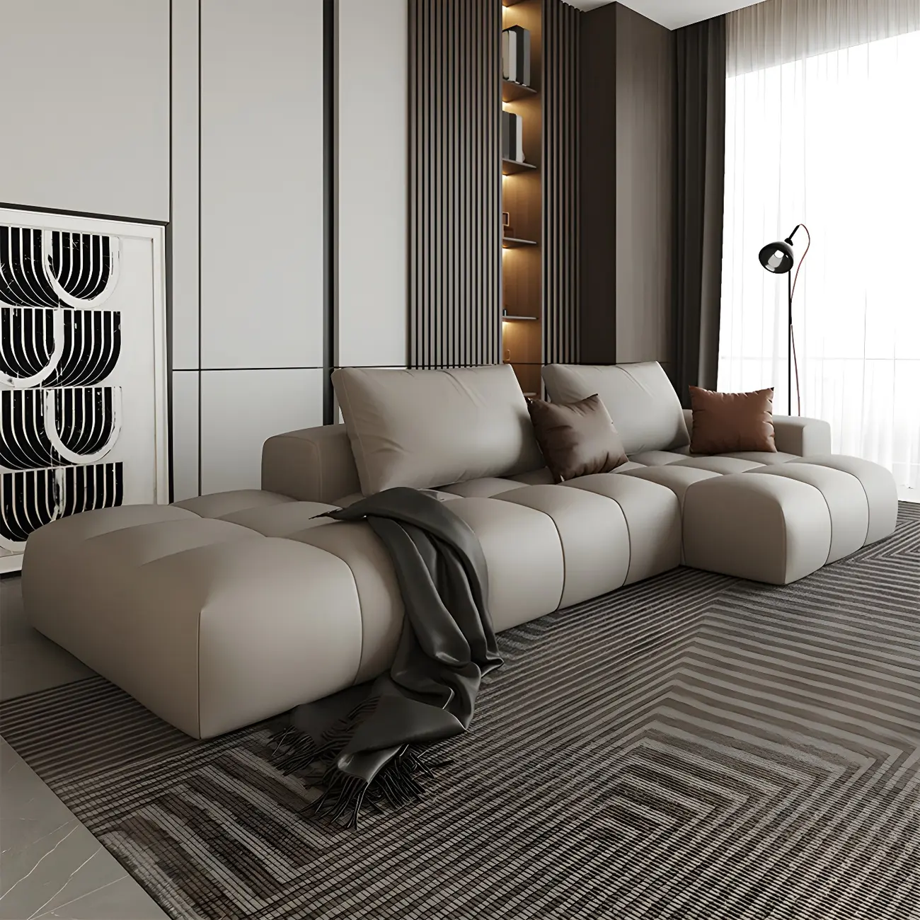 Nordic Beige Sofa Chaise with Faux Leather for Living Room Image - 1 | homeyfad