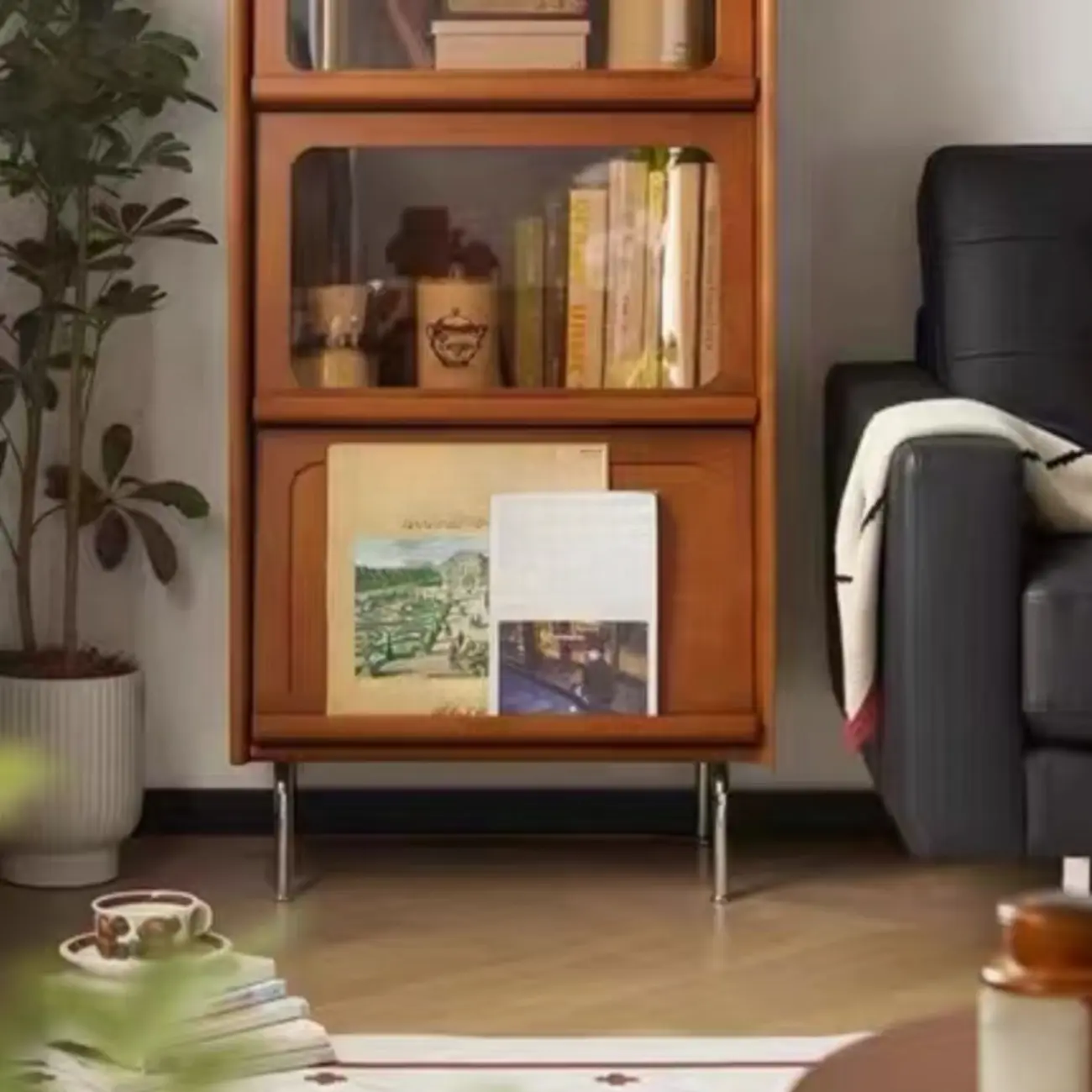 50" Modern Pine Brown Accent Cabinet with Glass Door Image - 9 | homeyfad