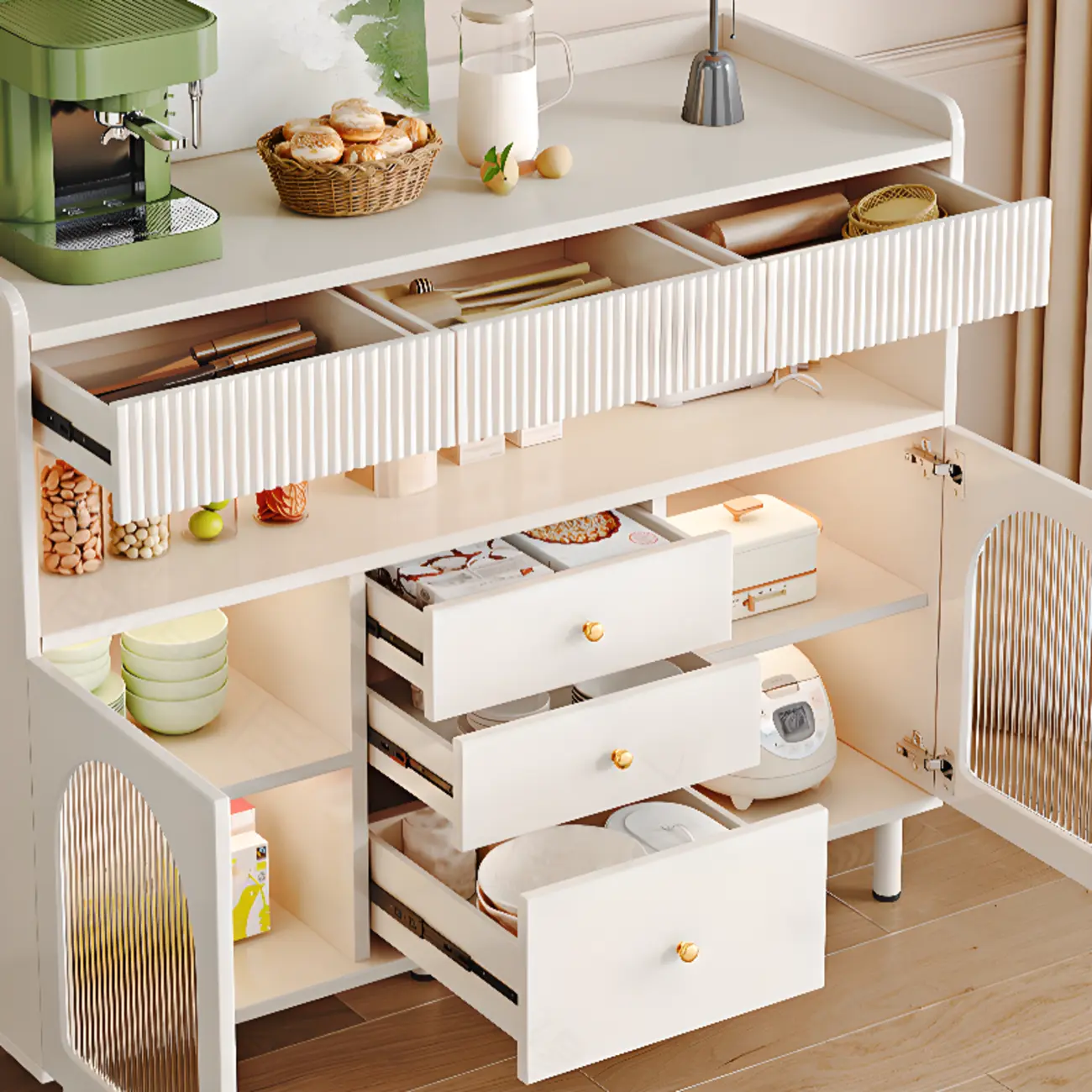 Modern White Accent Cabinet with Drawers & Glass Doors  Image - 12 | homeyfad