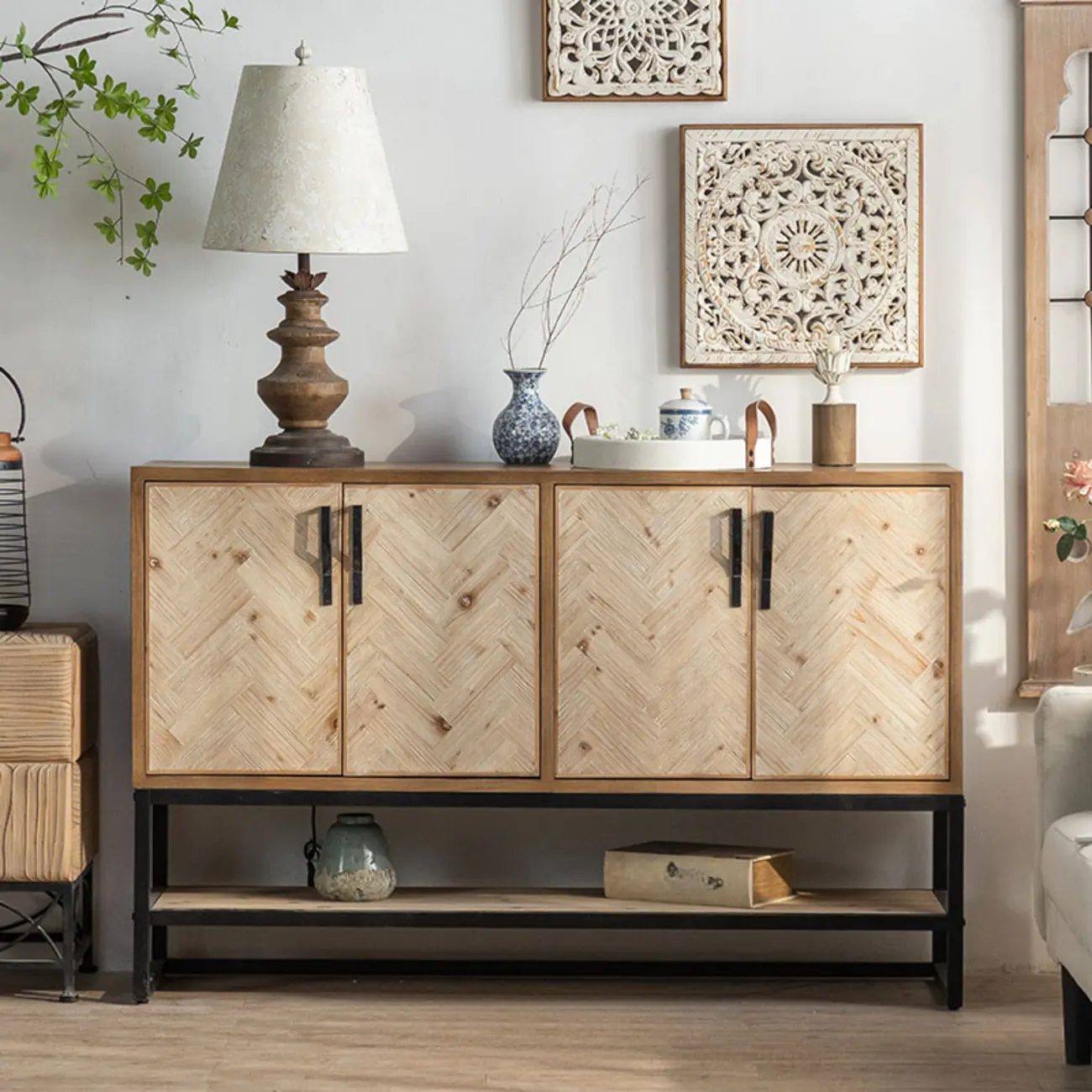 Rustic Natural Finish Cabinet with Exterior Shelf & Barn Door | homeyfad