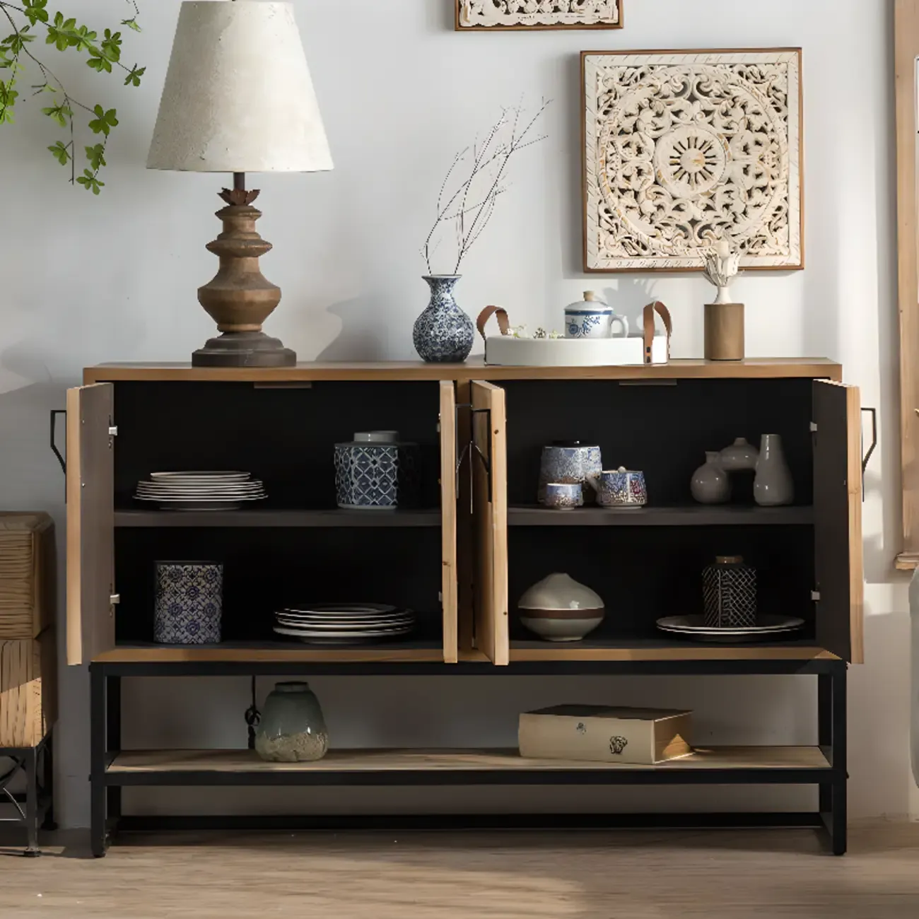 Rustic Natural Finish Cabinet with Exterior Shelf & Barn Door Image - 1