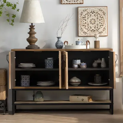 Rustic Natural Finish Cabinet with Exterior Shelf & Barn Door Image - 1