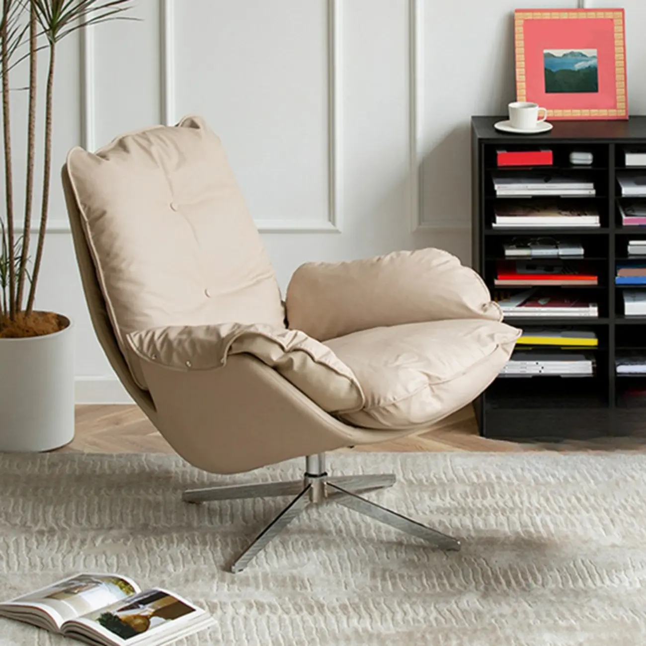 Modern Beige Leather Accent Armchair with Swivel Image - 1 | homeyfad