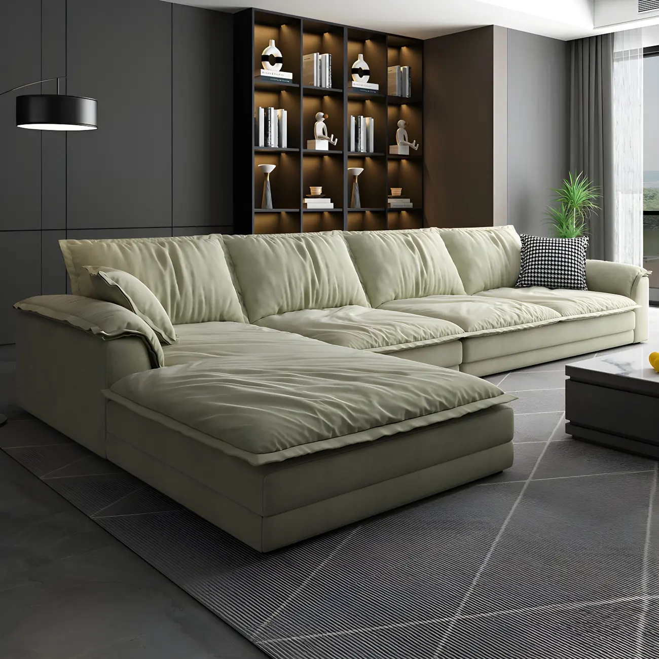 Nordic Green L-Shape Cotton Sofa Chaise for Living Room Image - 1 | homeyfad