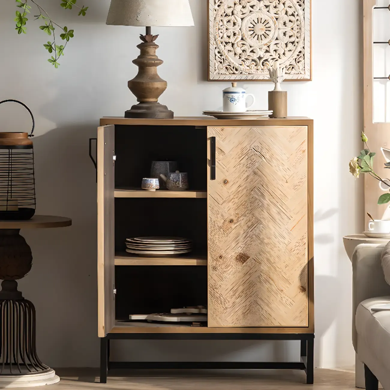 Rustic Natural Finish Cabinet with Exterior Shelf & Barn Door Image - 2