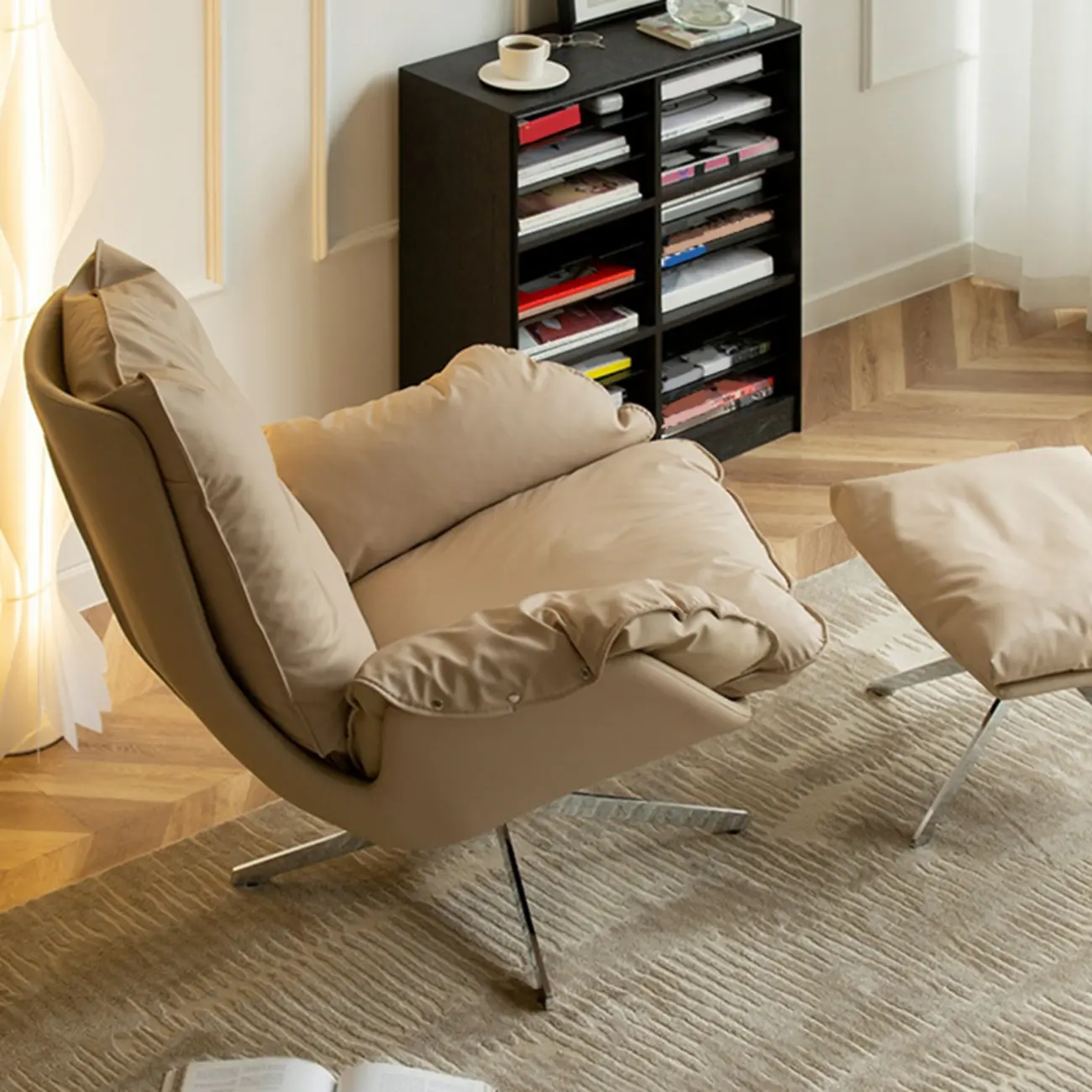 Modern Beige Leather Accent Armchair with Swivel Image - 3 | homeyfad