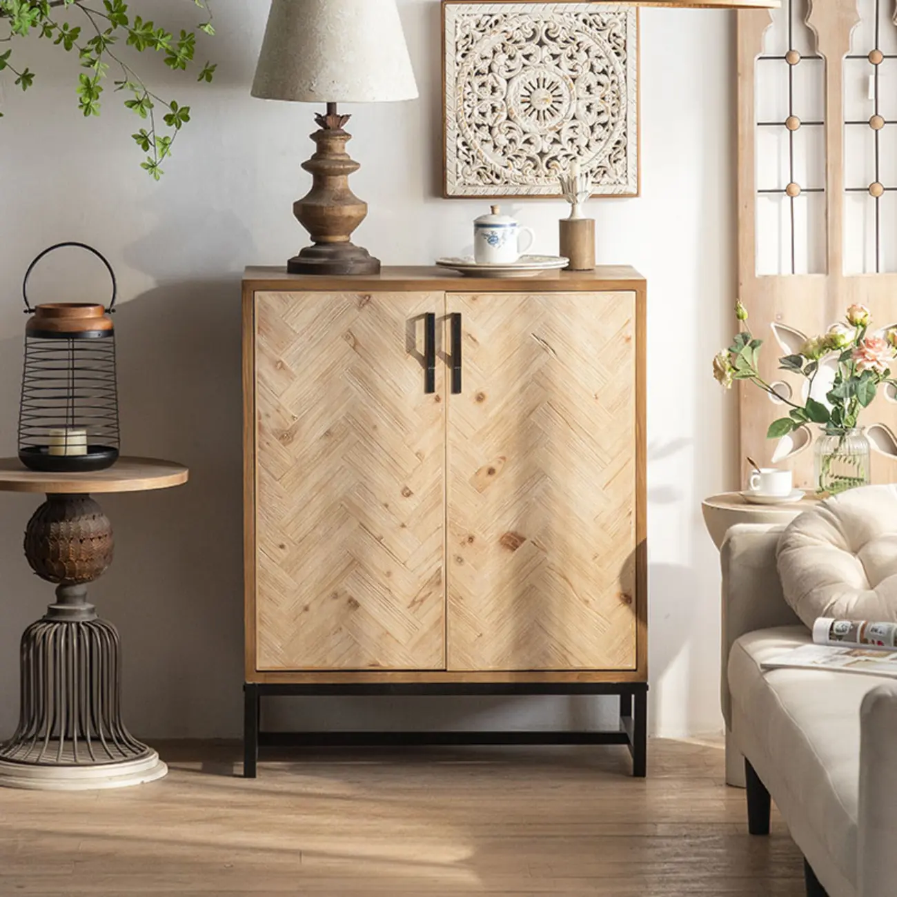 Rustic Natural Finish Cabinet with Exterior Shelf & Barn Door Image - 3 | homeyfad