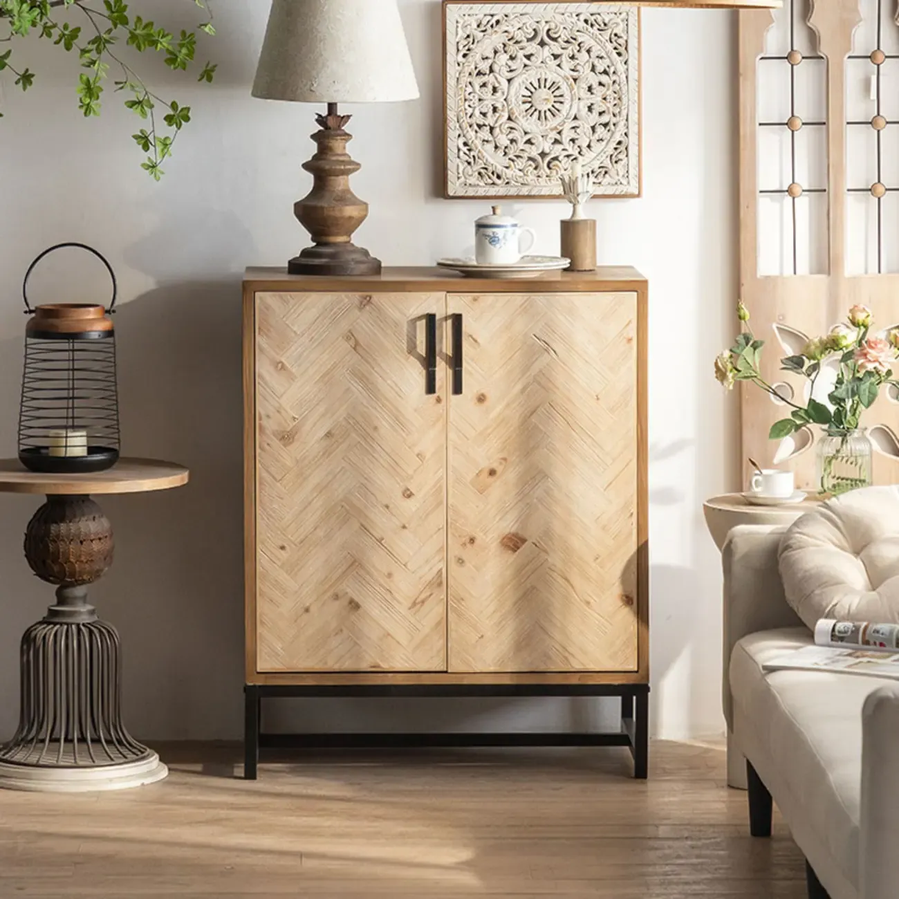 Rustic Natural Finish Cabinet with Exterior Shelf & Barn Door Image - 3