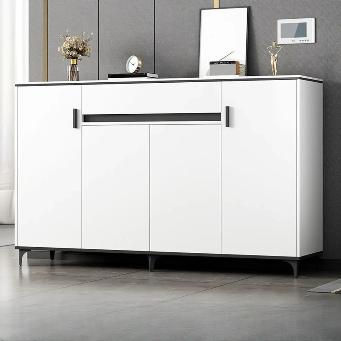 Minimalist Wooden White Kitchen Accent Cabinet with Doors Image - 1