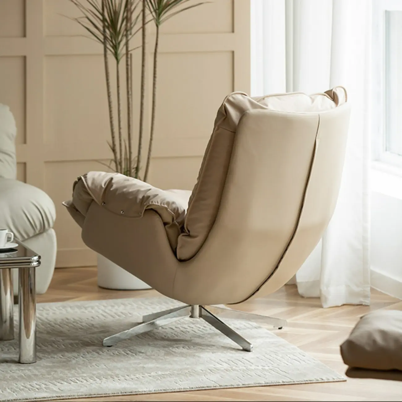Modern Beige Leather Accent Armchair with Swivel Image - 4 | homeyfad