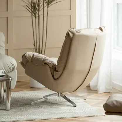 Modern Beige Leather Accent Armchair with Swivel Image - 4
