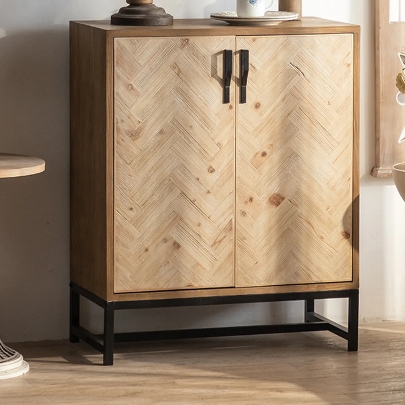 Rustic Natural Finish Cabinet with Exterior Shelf & Barn Door Image - 4 | homeyfad