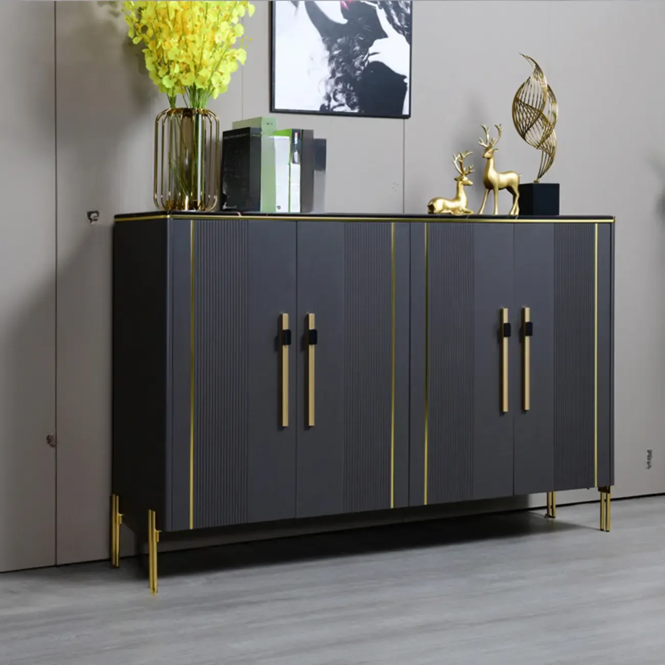 Glam Dark Gray Wooden Cabinet with Free Standing Design Image - 3