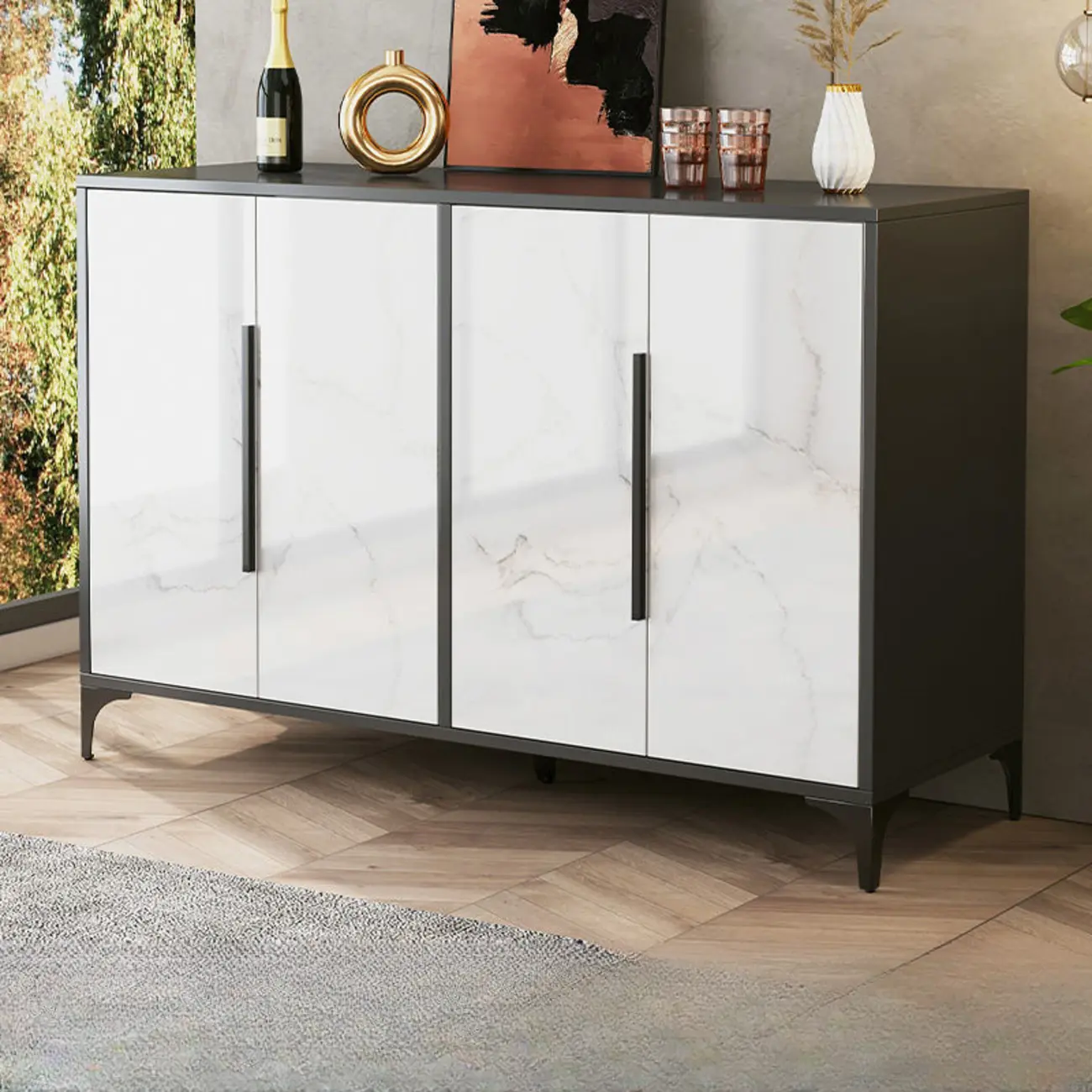 Minimalist Wooden White Kitchen Accent Cabinet with Doors Image - 5 | homeyfad