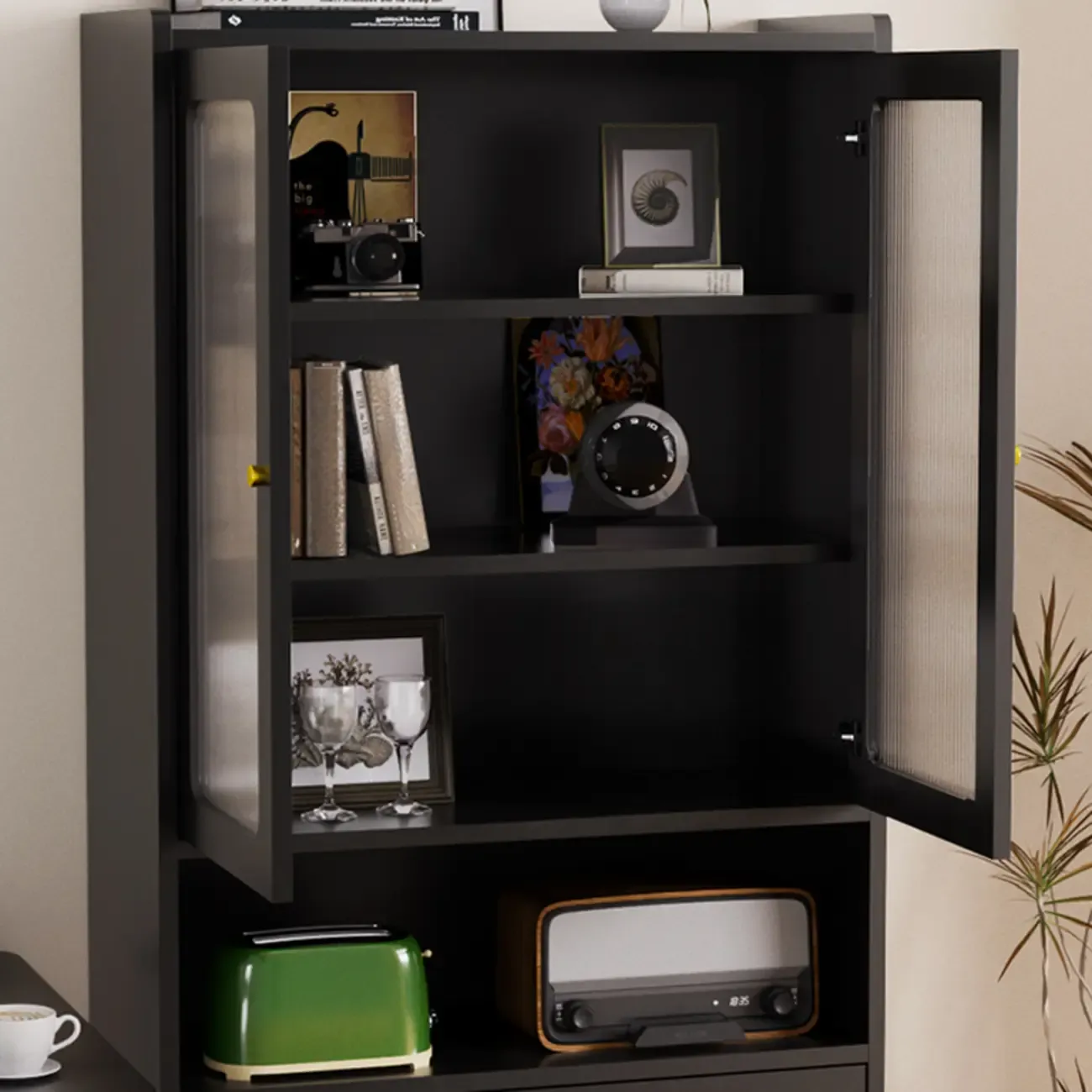 Modern Black Storage Cabinet with Exterior Shelf & Drawers Image - 1