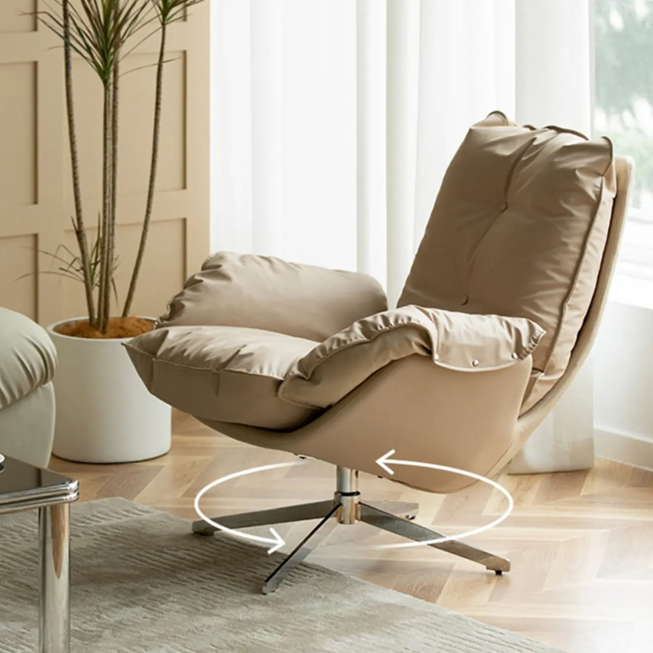 Modern Beige Leather Accent Armchair with Swivel Image - 10 | homeyfad