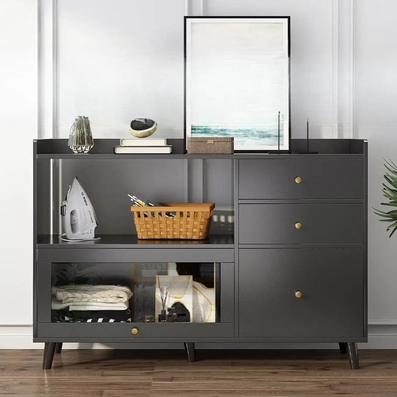 Minimalist Wooden White Kitchen Accent Cabinet with Doors Image - 7 | homeyfad