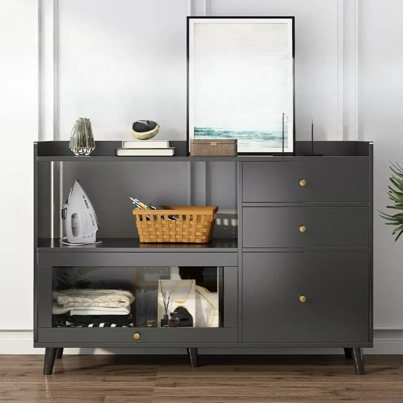 Minimalist Wooden White Kitchen Accent Cabinet with Doors Image - 7