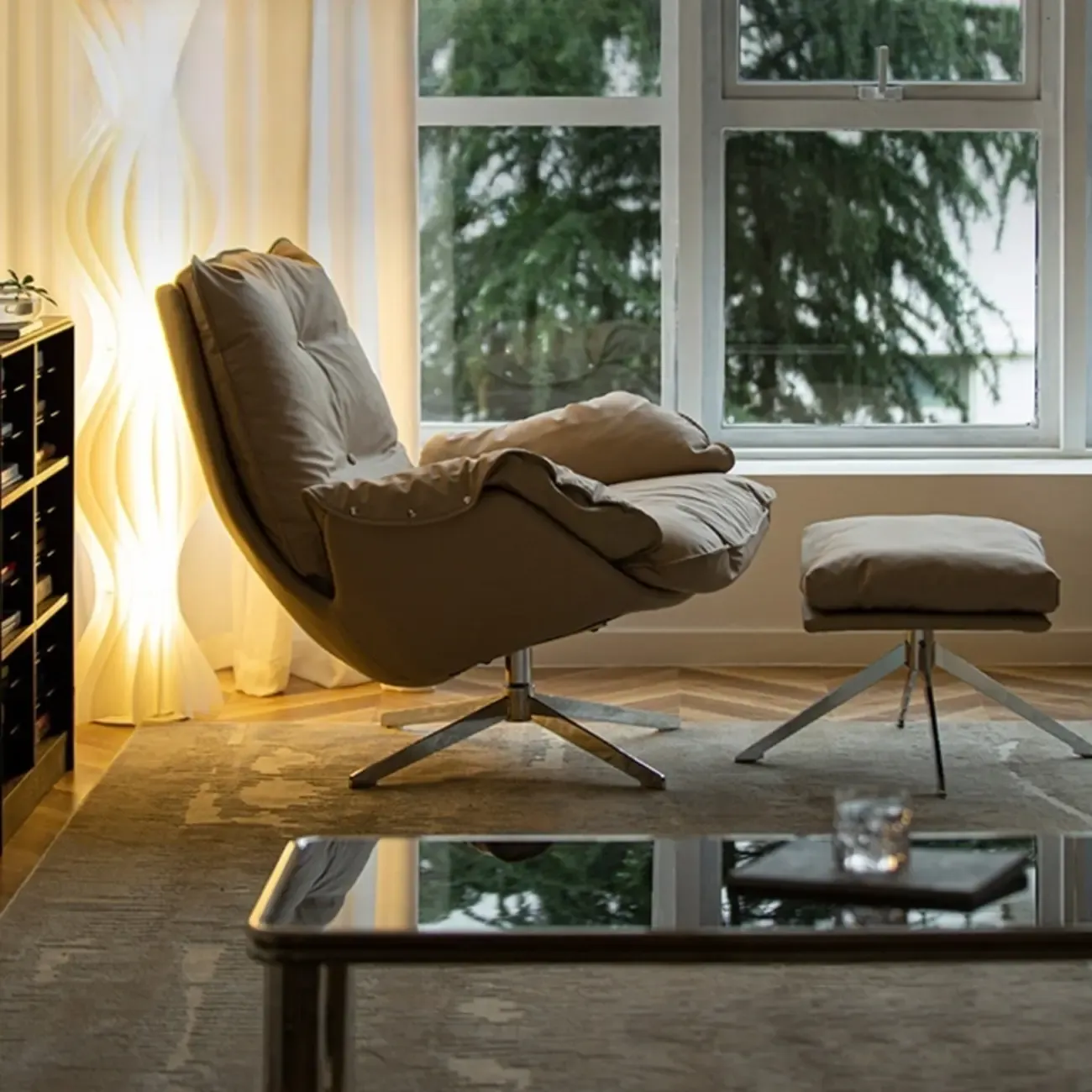 Modern Beige Leather Accent Armchair with Swivel Image - 11