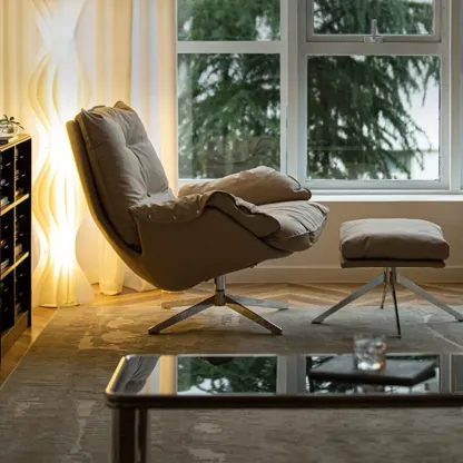 Modern Beige Leather Accent Armchair with Swivel Image - 11