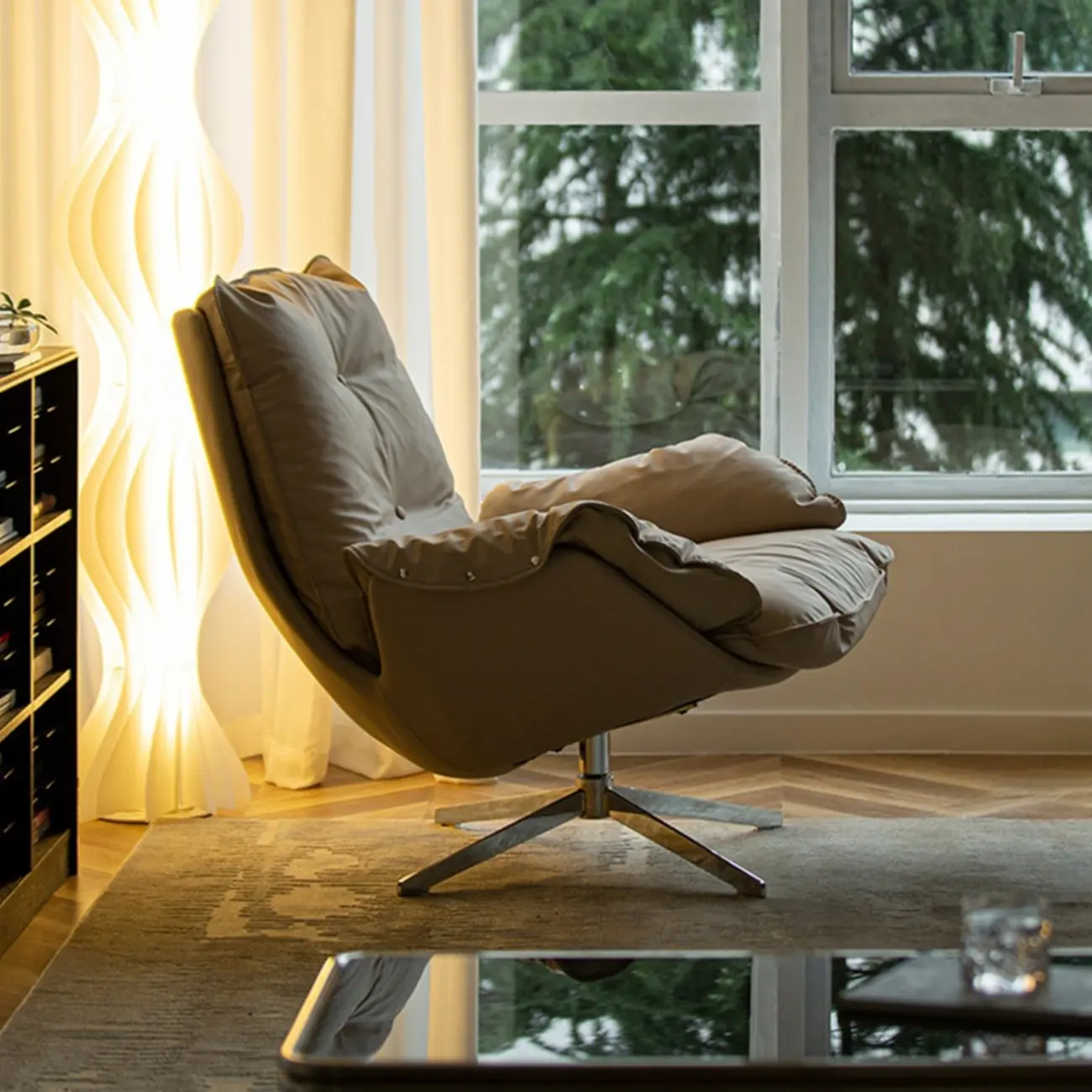 Modern Beige Leather Accent Armchair with Swivel Image - 12 | homeyfad