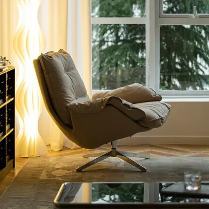 Modern Beige Leather Accent Armchair with Swivel Image - 12