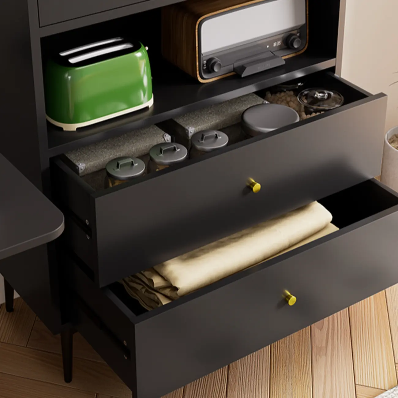 Modern Black Storage Cabinet with Exterior Shelf & Drawers Image - 5 | homeyfad