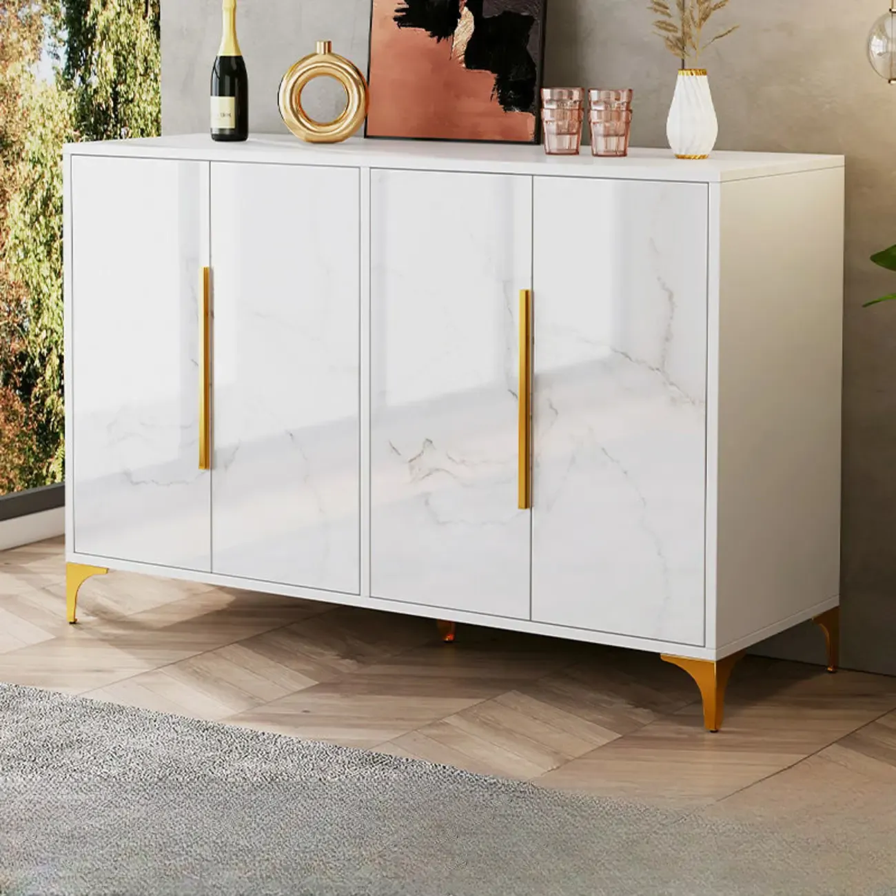 Minimalist Wooden White Kitchen Accent Cabinet with Doors Image - 21