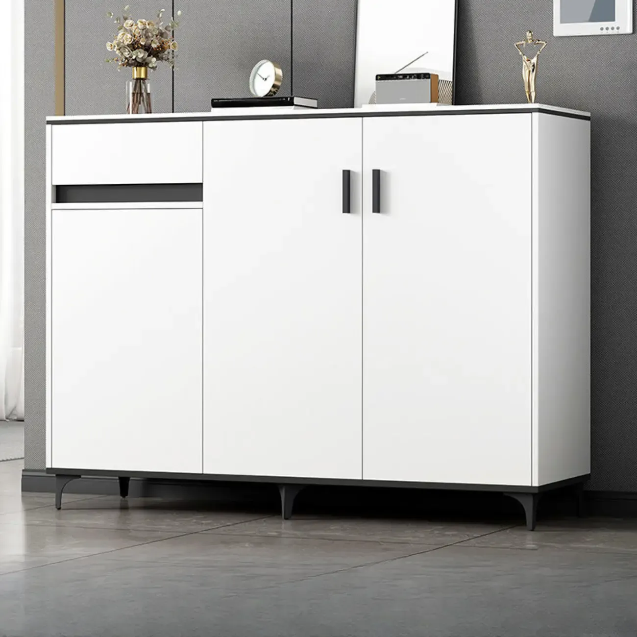 Minimalist Wooden White Kitchen Accent Cabinet with Doors Image - 22