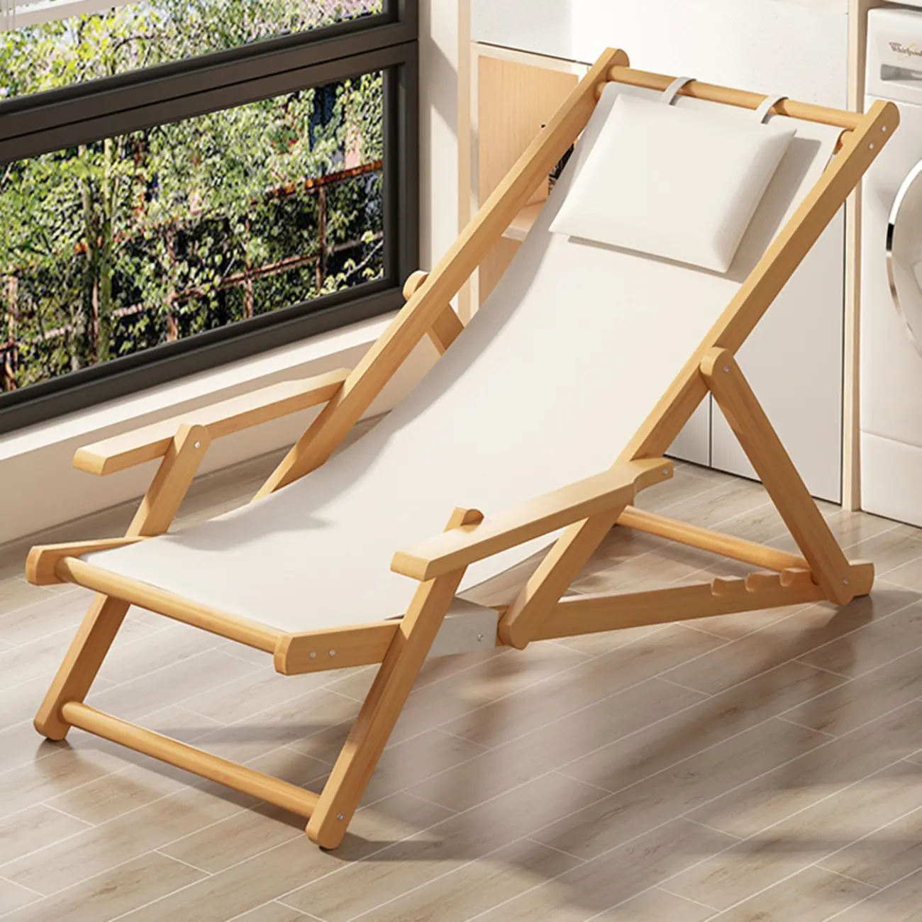 Minimalist Beige Wooden Recliner Chair Image - 1 | homeyfad