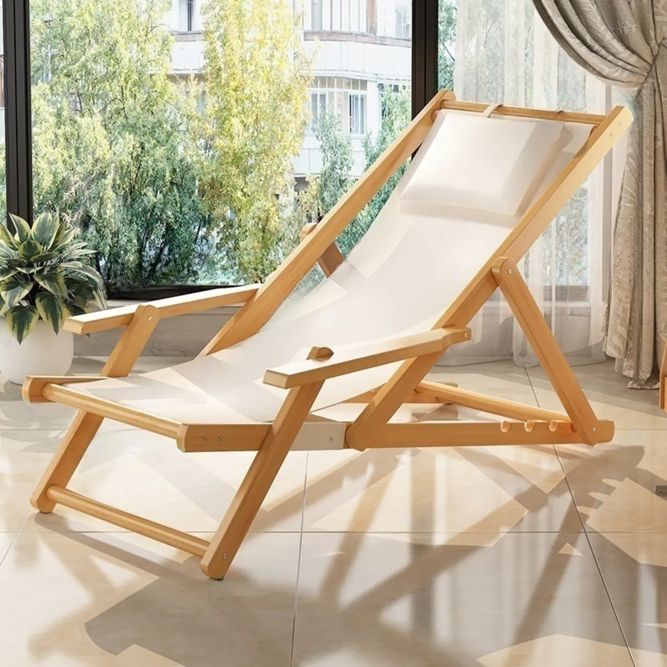 Minimalist Beige Wooden Recliner Chair Image - 2 | homeyfad