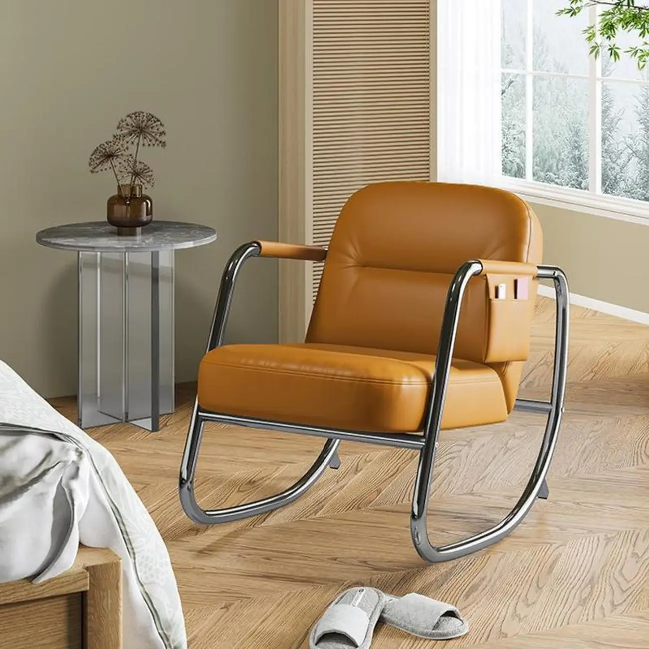 Faux Leather Upholstered Rocking Chair with Metal Track Arms Image - 1 | homeyfad