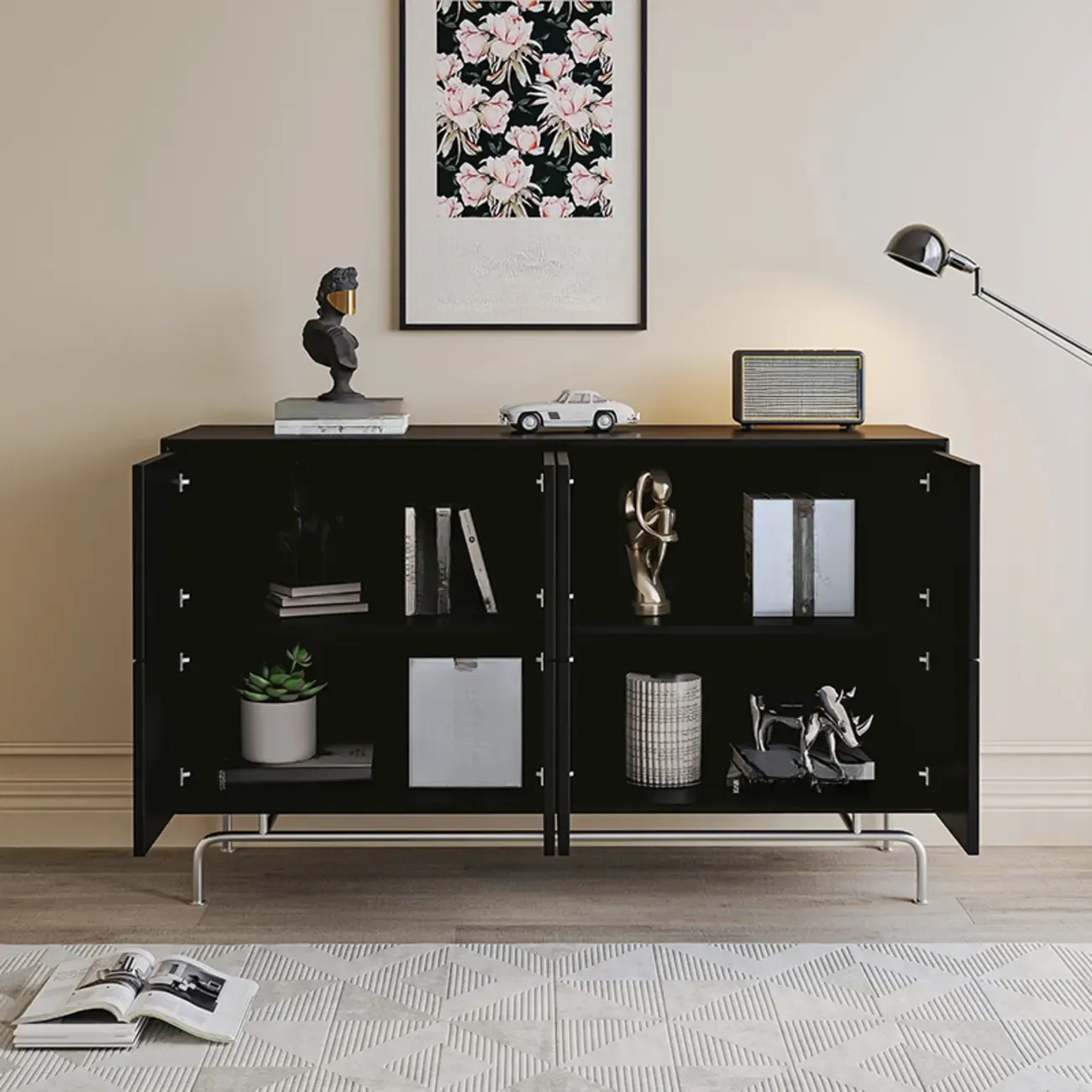 35.5" Modern Pine Black Storage Cabinet for Living Room  Image - 3
