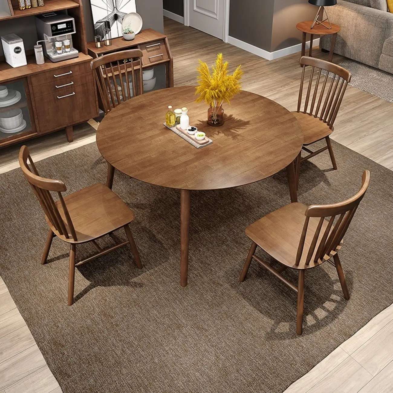 Nordic Style Wooden Round Dining Set with Windsor Back Chairs Image - 1 | homeyfad